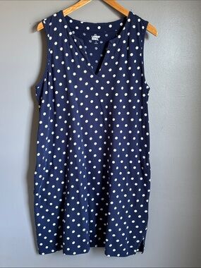 Lands' End Navy & White Polka Dot Sleeveless V‑Neck Dress * sz L
